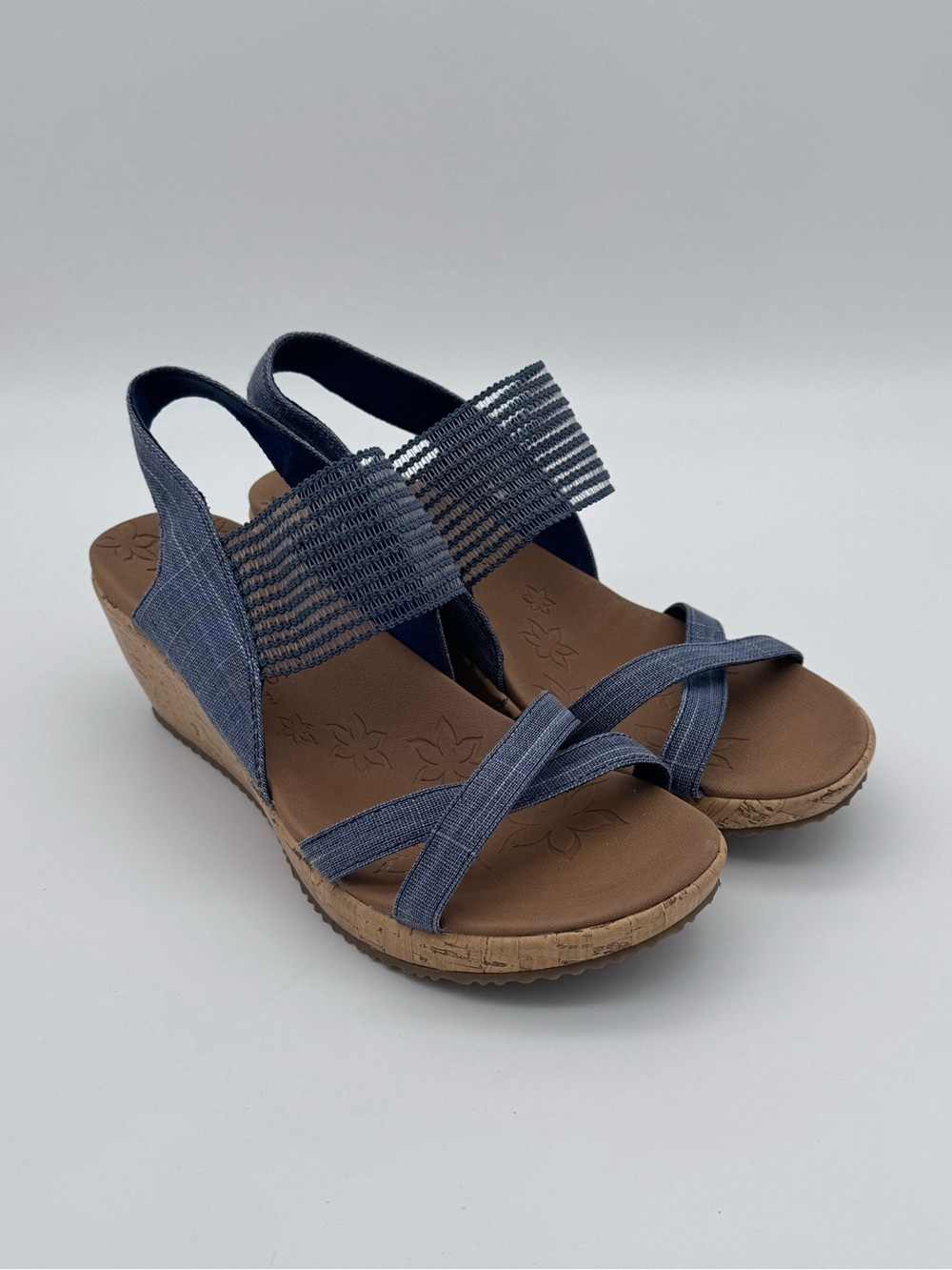 Skechers Beverlee High Tea Navy Wedge Sandals Size 9 Like New - Picture 3 of 13